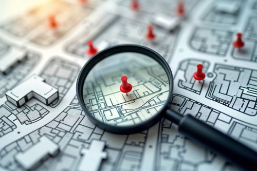 Lupe, welche auf Karte mit Pin zeigt